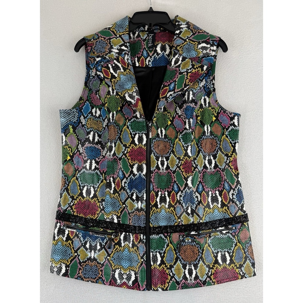 Berek Full Zip Vest Women Large Abstract Snakeskin Texture Polyester Zip Pockets